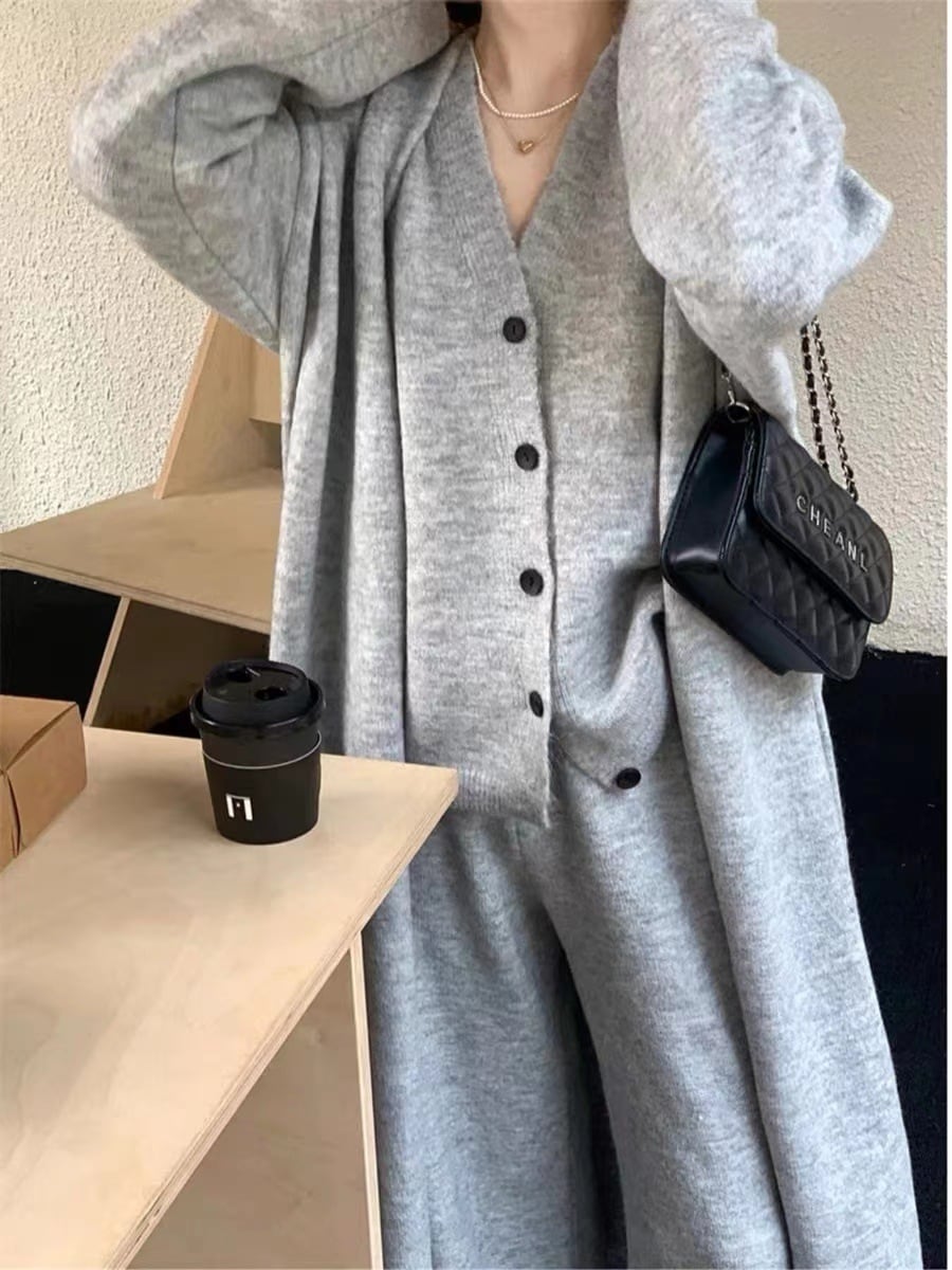 【set】ロング丈ニットカーデ×ジレ×ワイドパンツセット　M18157