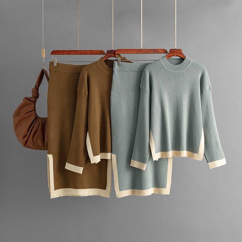 【set】配色ニットセーター×スカートセット　M28447
