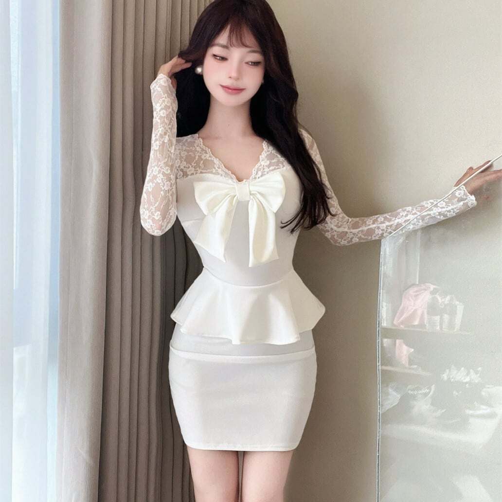 【dress】レース切り替えリボン付きワンピース　M27379