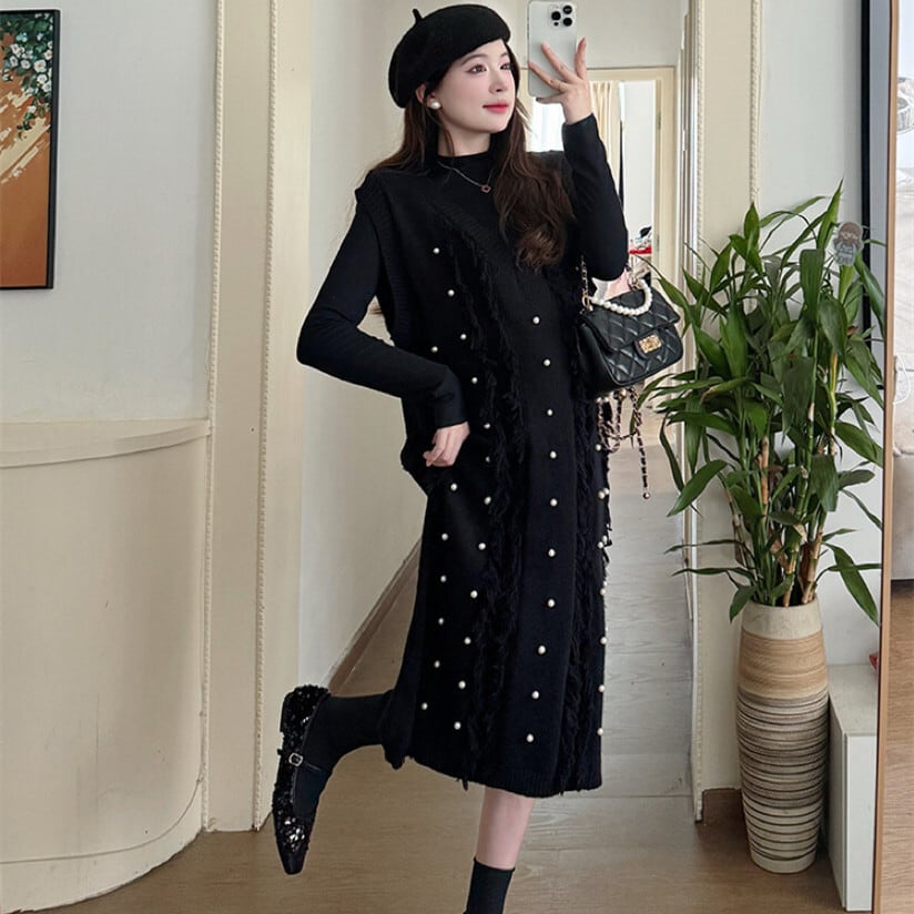 【dress】パール付きフリンジノースリーブニットワンピース　N2783