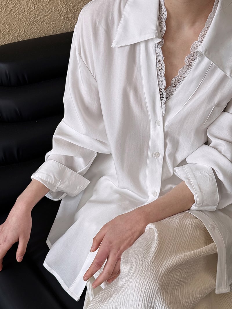 【tops】レース切り替えシャツブラウス　M29946