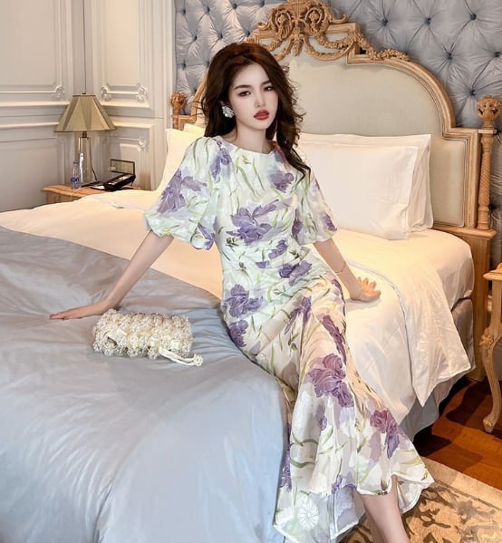 【dress】オシャレ度満点〜OL通勤夏新作ラウンドネック半袖パフ袖花柄配色ワンピースF5441