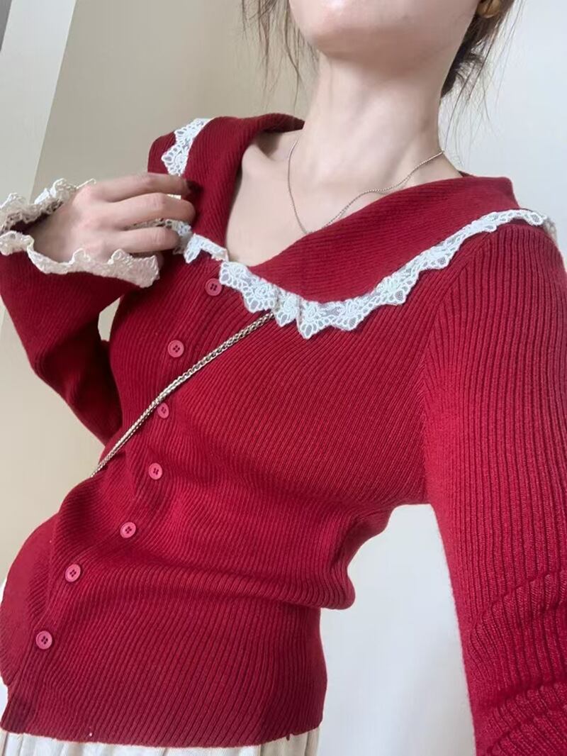 【tops】レース切り替えニットカーデ　M27552