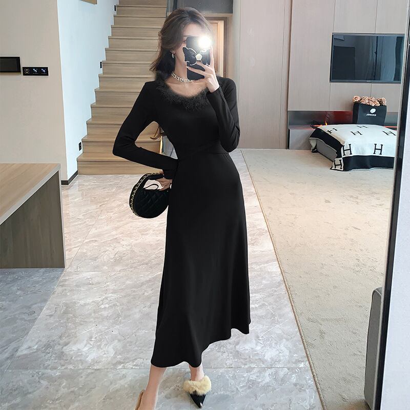 【dress】ファーネックニットワンピース　M18254
