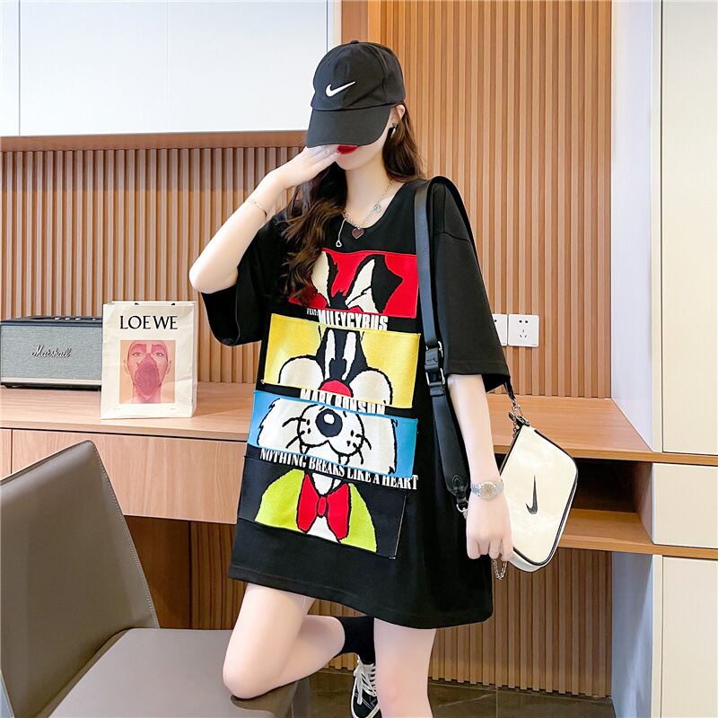 【tops】2色ラウンドネック半袖配色動物柄英字柄ゆったり着回しTシャツF2272