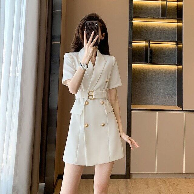 【dress】知的で品の良いOL通勤ラペル半袖Aラインウェスト絞りワンピースF2579