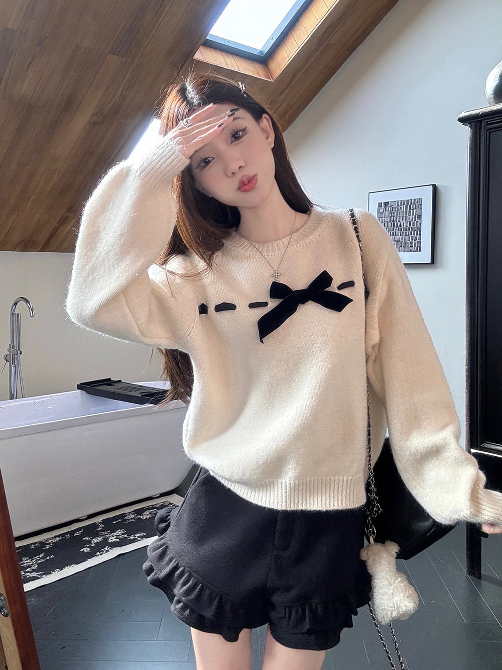 【tops】リボン付きニットセーター　M28635