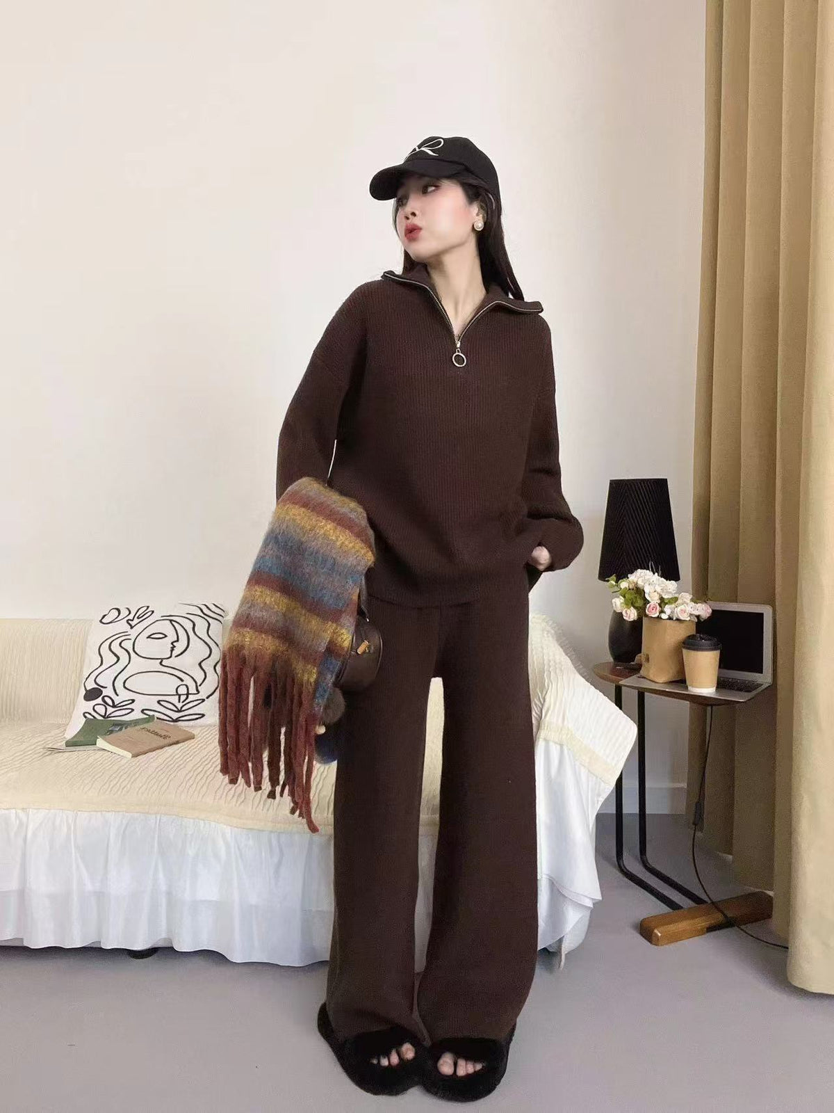 【set】ファスナーニットセーター×ワイドパンツセット　M26225