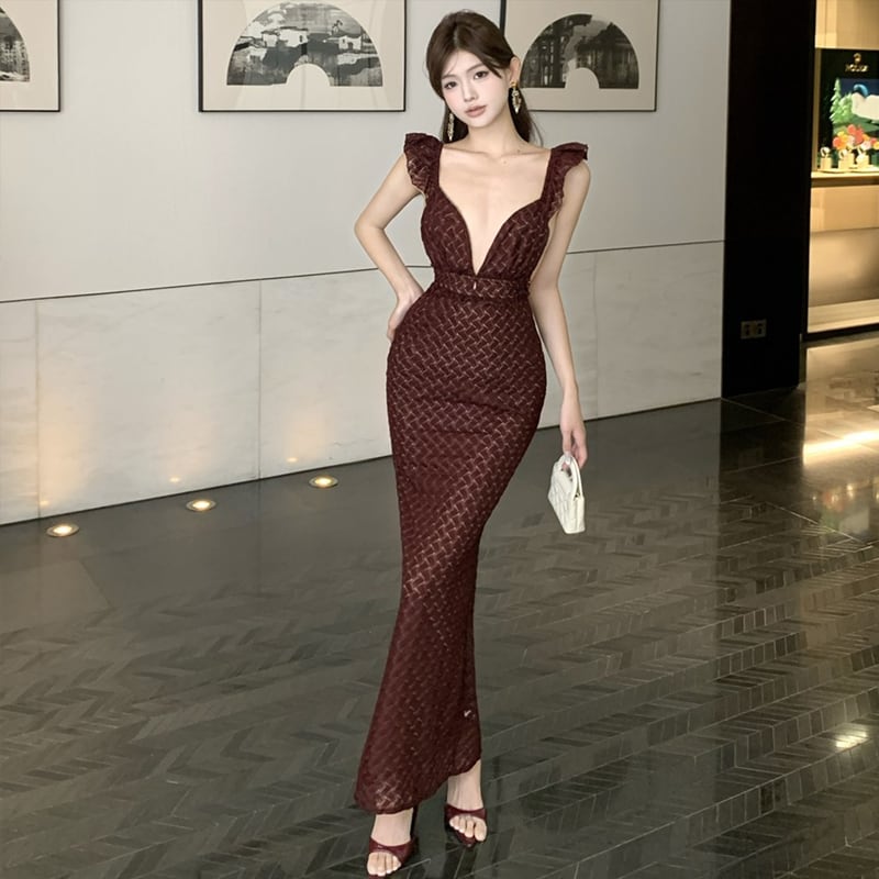 【dress】Vネックストラップバックロングワンピース Q8039