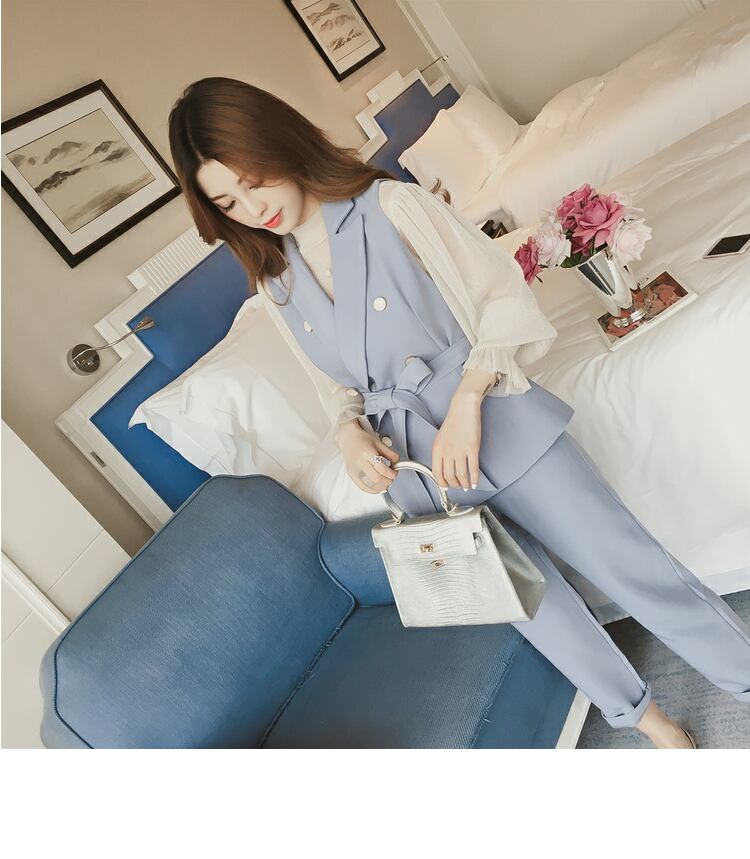 【set】美人度アップ!韓国系スウィート洋気ベスト+シャツ+パンツセットアップ G2087