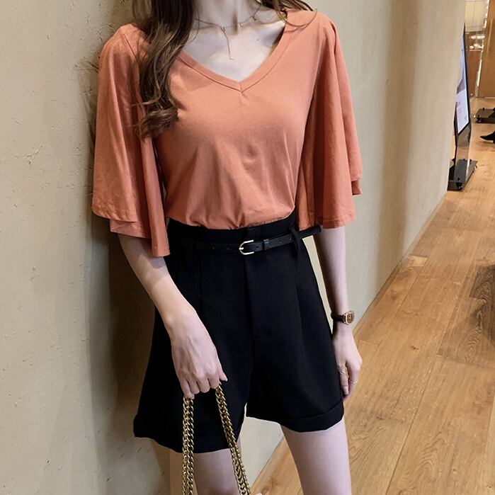 【tops】美人度アップVネック半袖ファッションフレアスリーブ無地着回しTシャツF0001