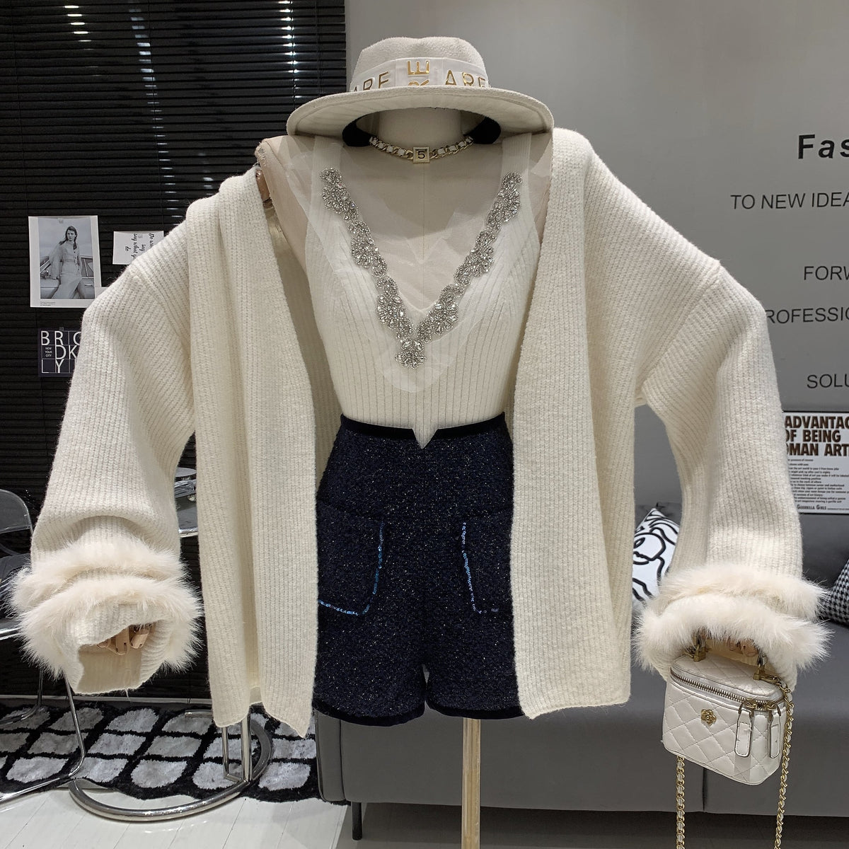 【set】袖ファーカーディガン×ビジュー付きタンクトップニットセット　N2925