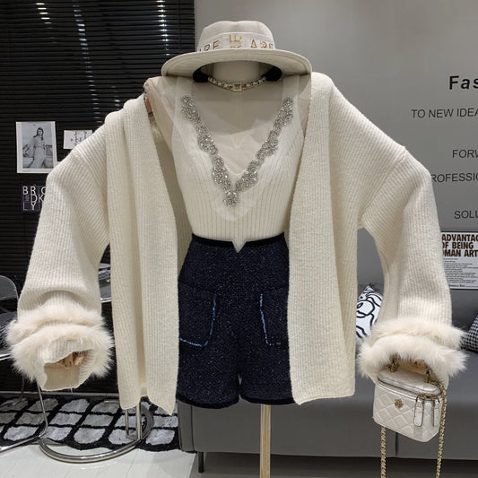 【set】袖ファーカーディガン×ビジュー付きタンクトップニットセット　N2925