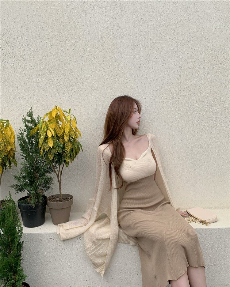 【set】好感度UP!気質満点セクシーカーディガン+キャミワンピースオシャレ２点セット G3383