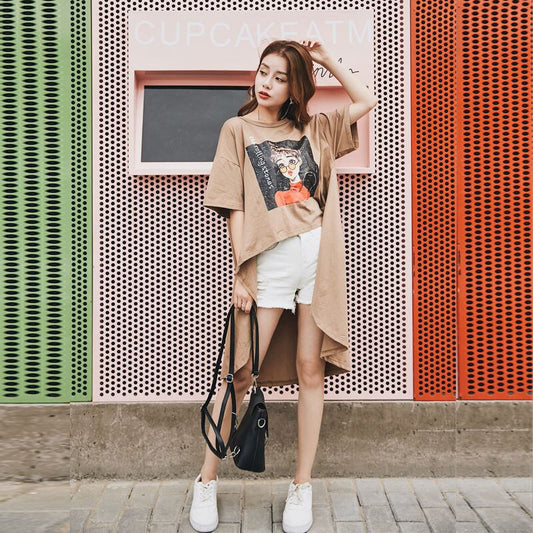 【tops】女性力を高める〜ラウンドネック半袖イレギュラーゆったり着回しファッションTシャツ