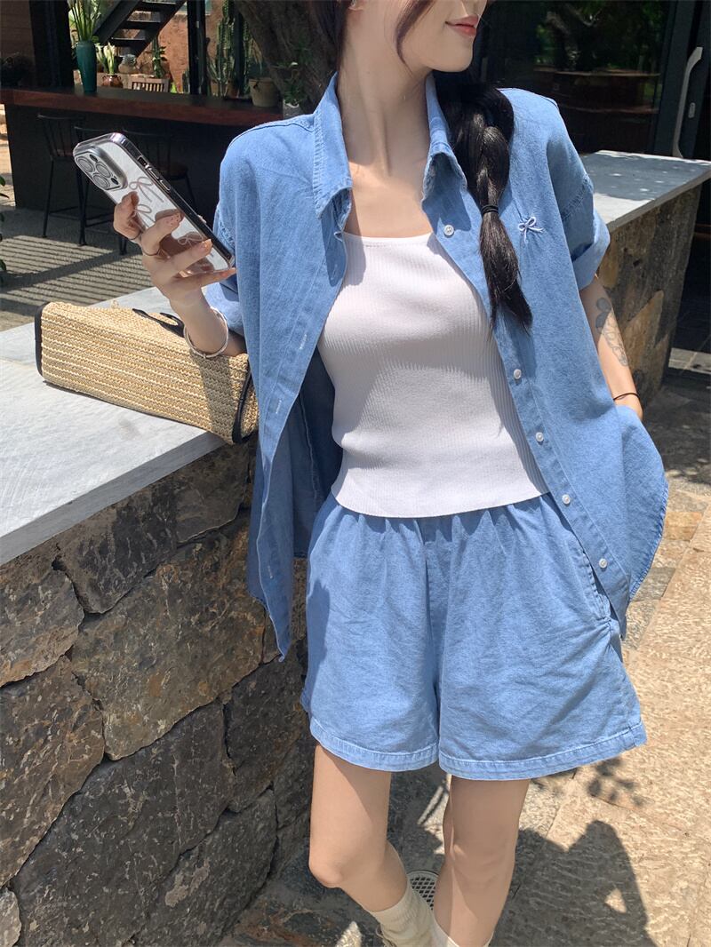 【set】薄手デニムブラウス+ショートパンツ２点セットG21568