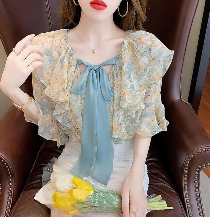 【tops】2色花柄シフォンブラウスF7408