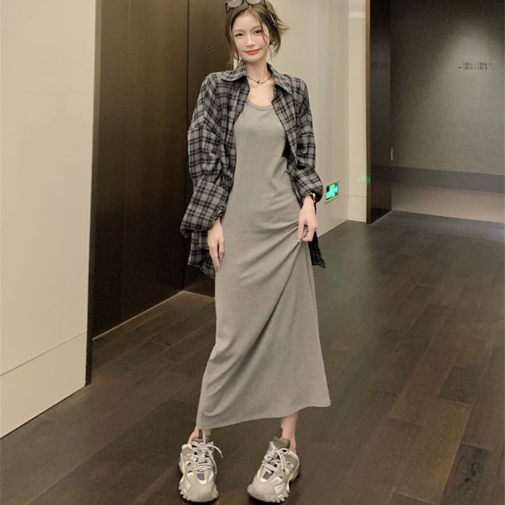 【set】チェック柄シャツ×キャミワンピースセット　M25124