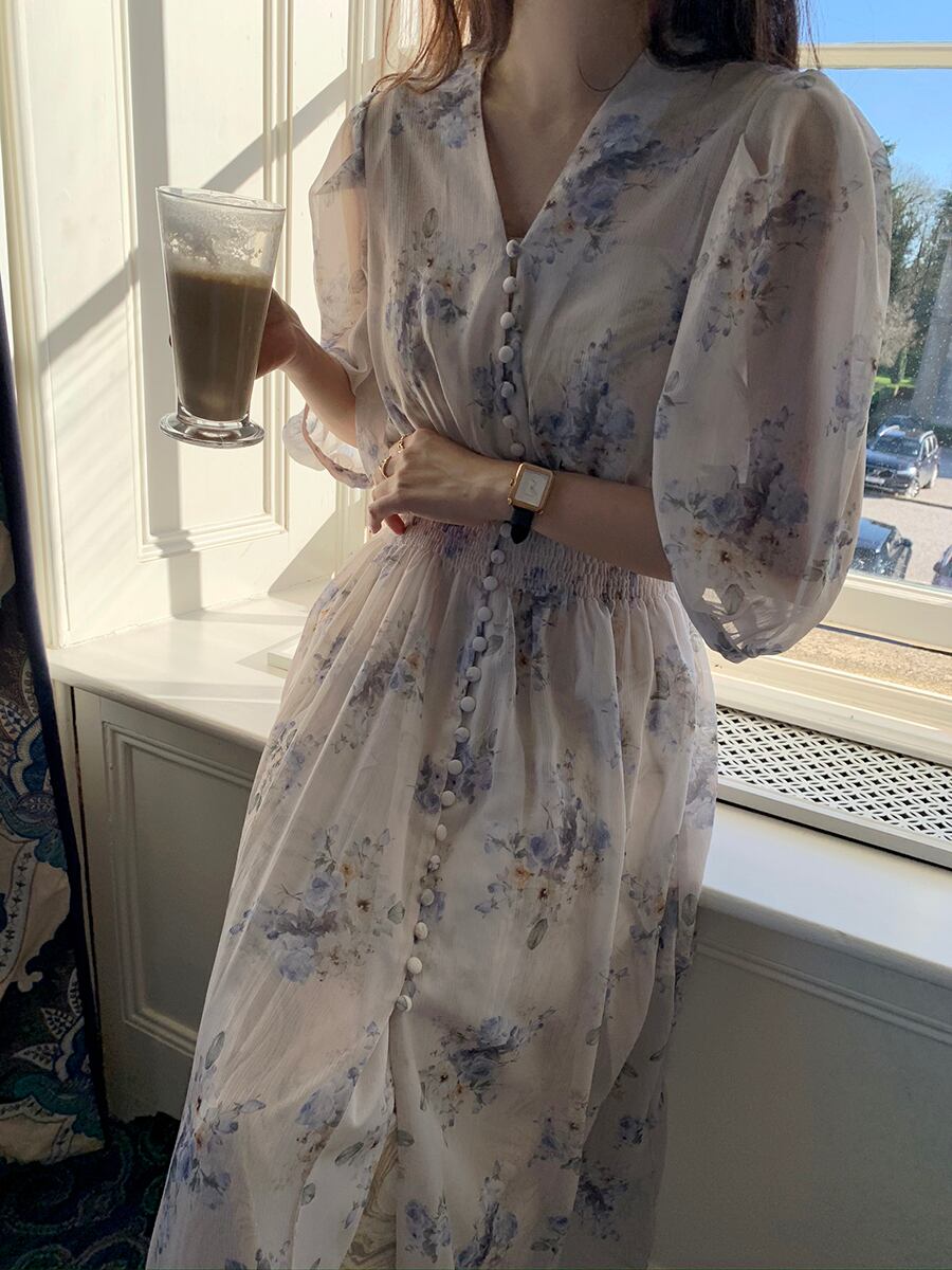 【dress】Vネック花柄シフォンワンピース G20747