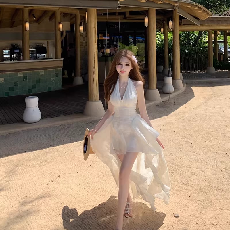 【dress】ホルターネックレースイレヘムワンピース Q8412