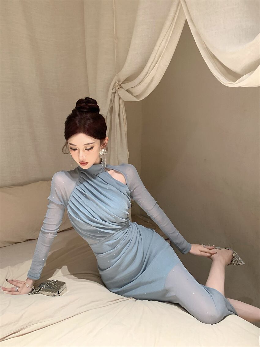 【dress】ギャザーメッシュタイトワンピース G20643