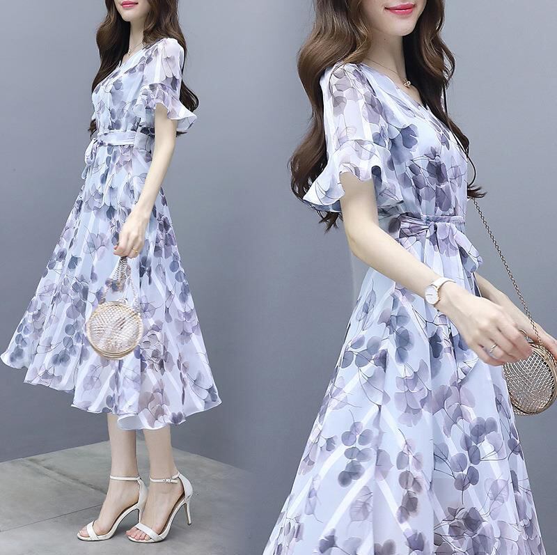 【dress】一目惚れ！Vネックフレアスリーブギャザー花柄ワンピースF0298