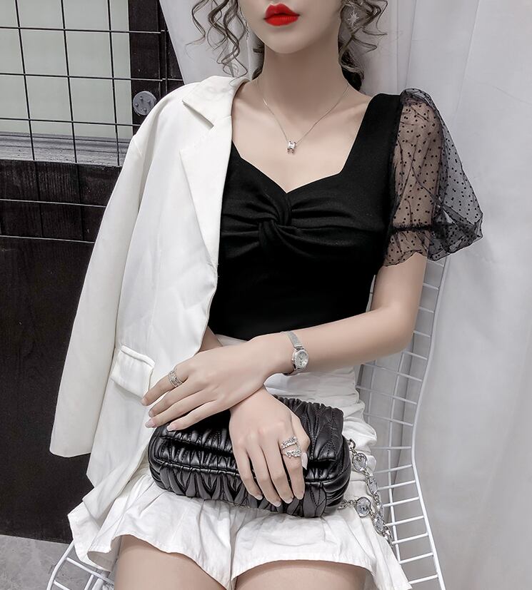 【tops】韓国風INS風スクエアネックメッシュ半袖着やせ無地TシャツF2235