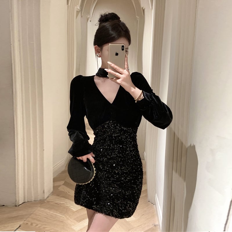 【dress】Vネック長袖スパンコールワンピース G18923