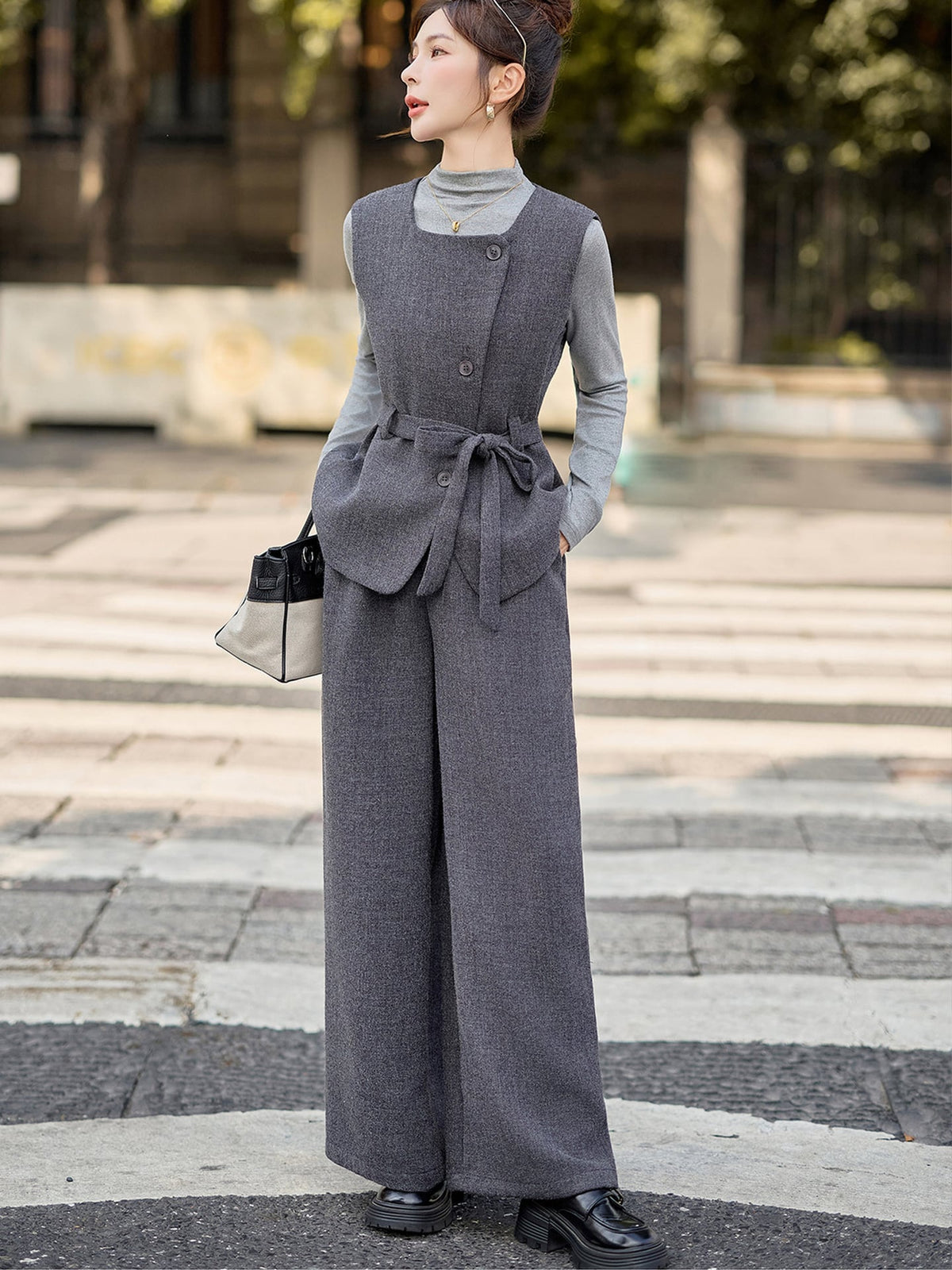 【set】ベスト×ハイネックトップス×ワイドパンツ3点セット Q6976