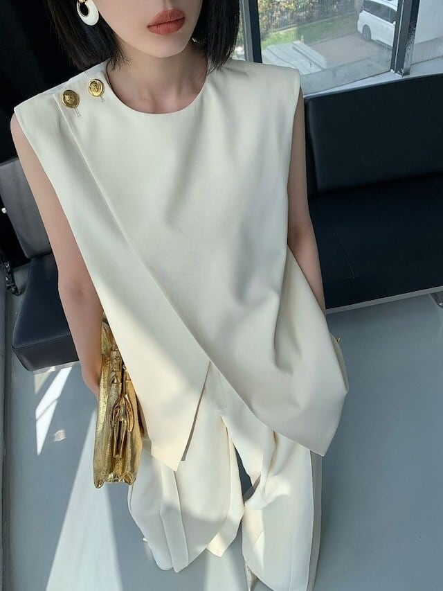 【set】ラウンドネックタンクトップ+ガウチョパンツセットアップF7318