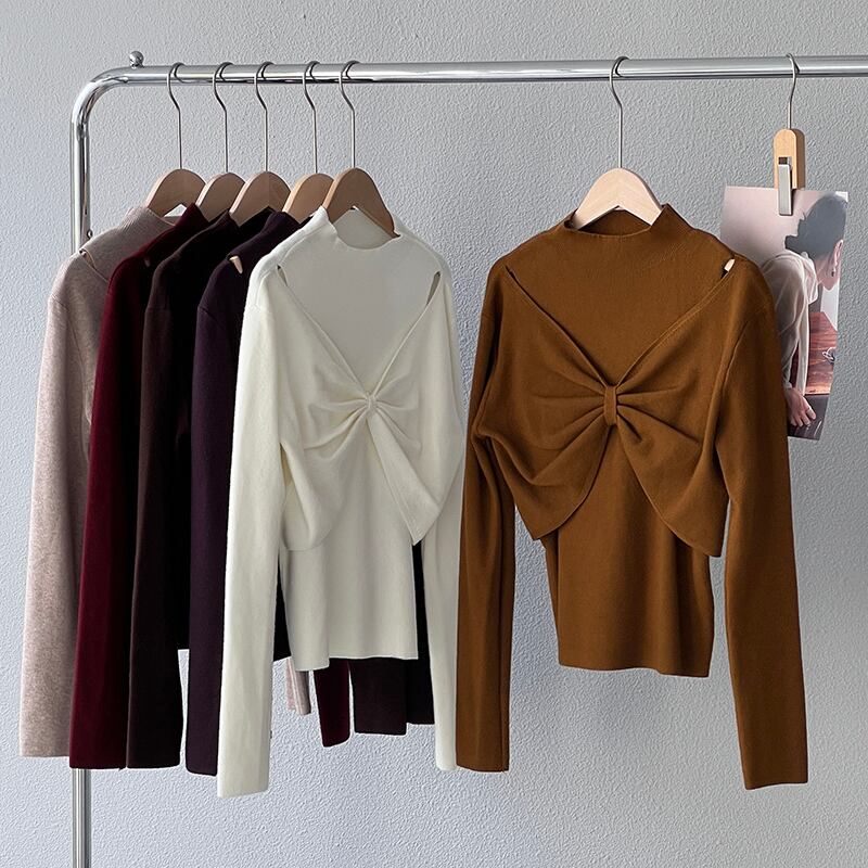 【tops】リボンフェイクレイヤードニットトップス Q7240
