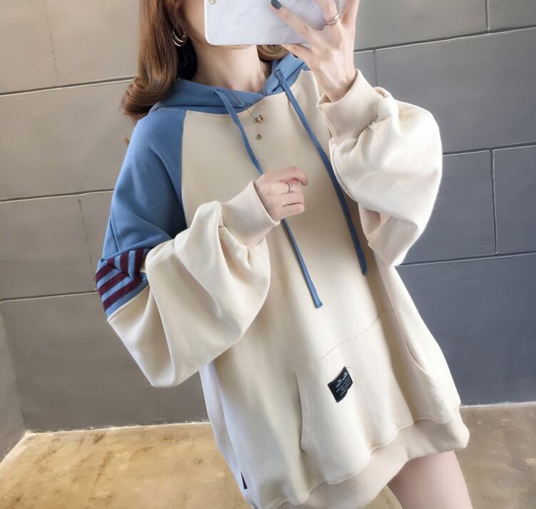 【tops】韓国ファッション長袖フード付き配色ゆったりカジュアルパーカーW0368