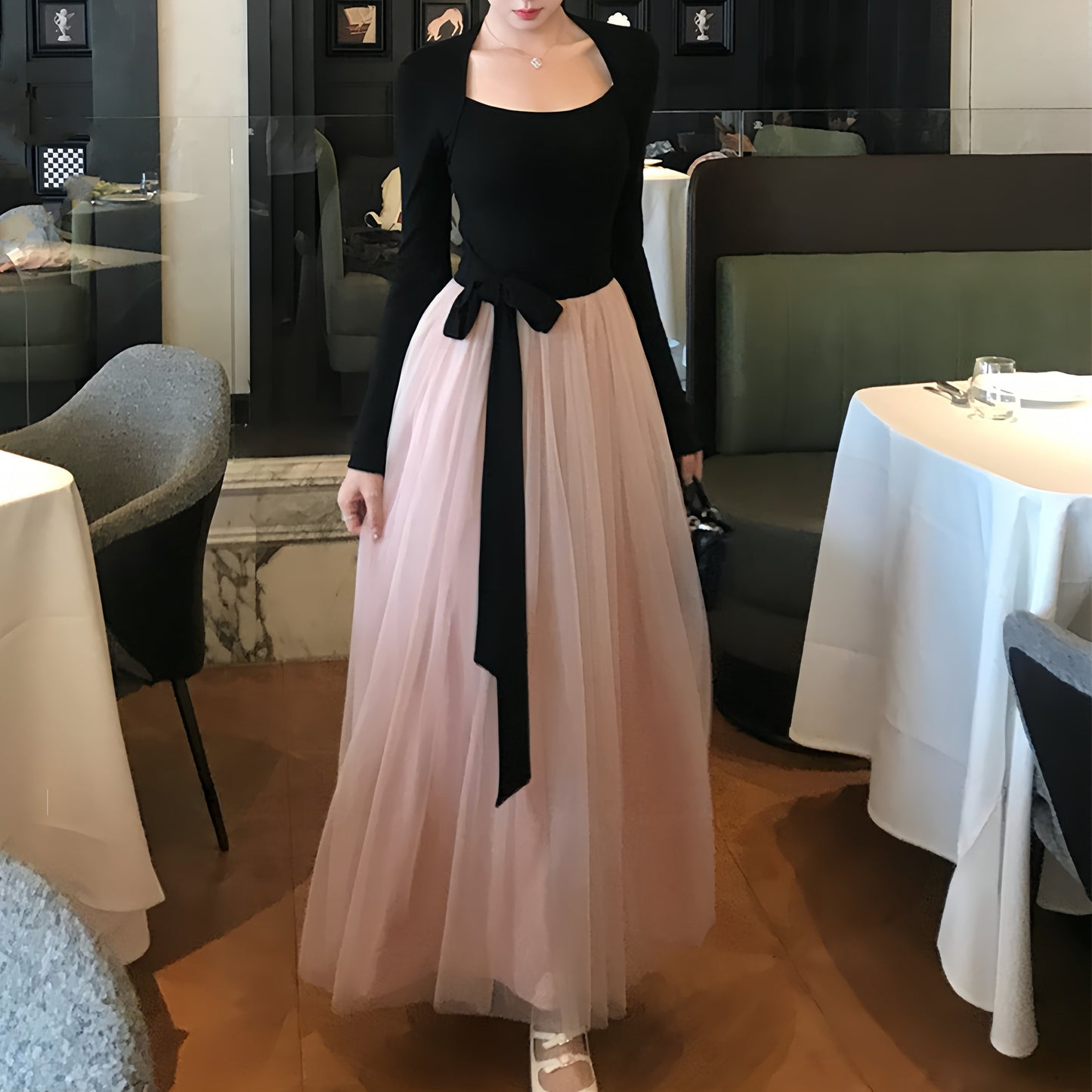 【dress】チュールドッキングロングワンピース　N3439