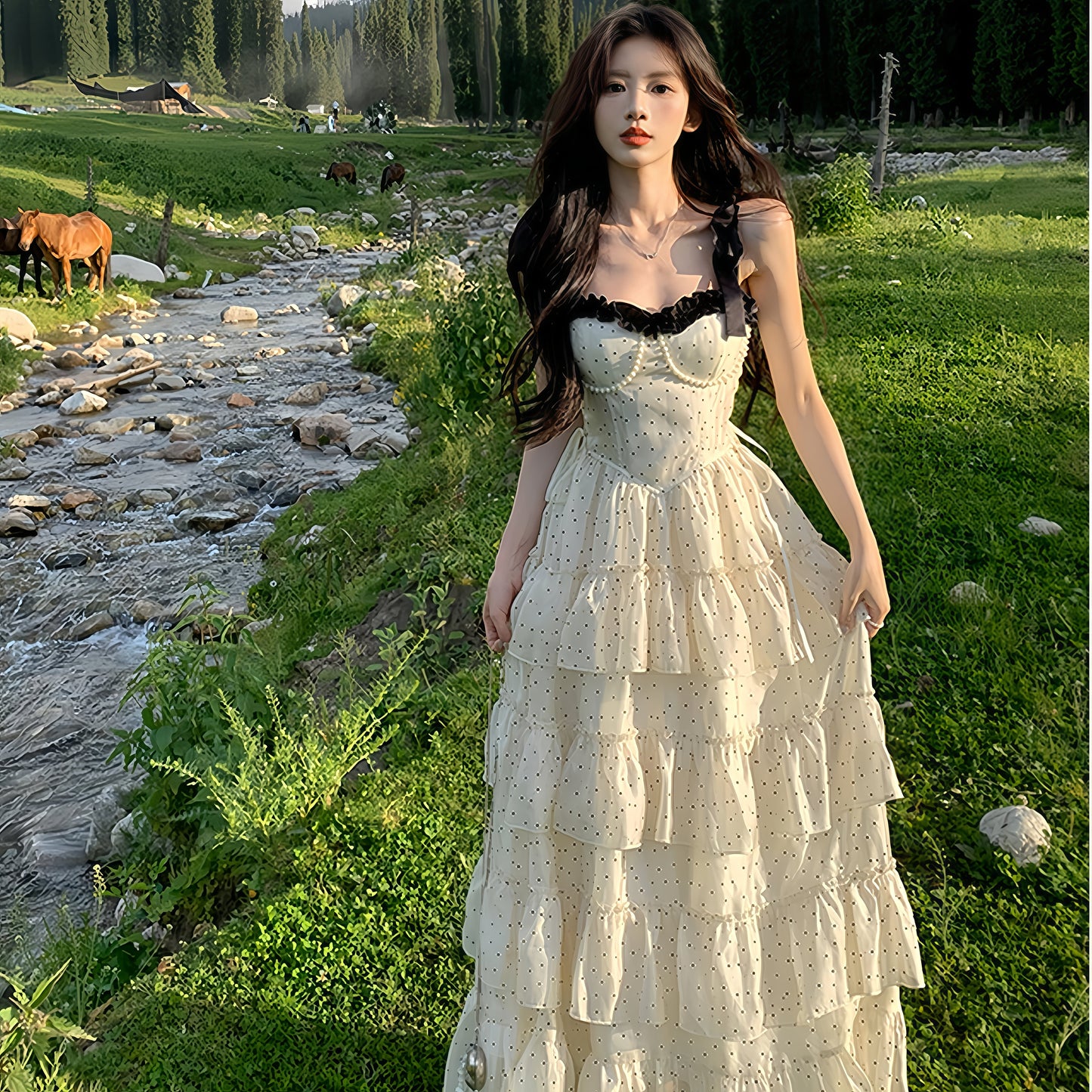 【dress】ショルダーリボンドット柄ワンピース　M32122