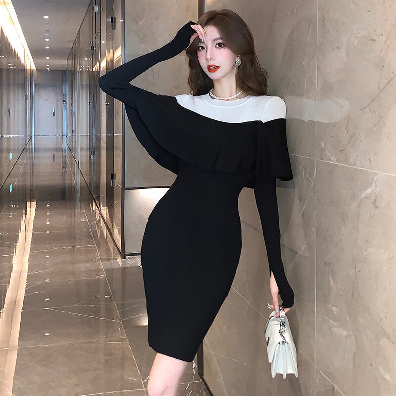 【dress】フリルドッキングニットワンピース　M18575