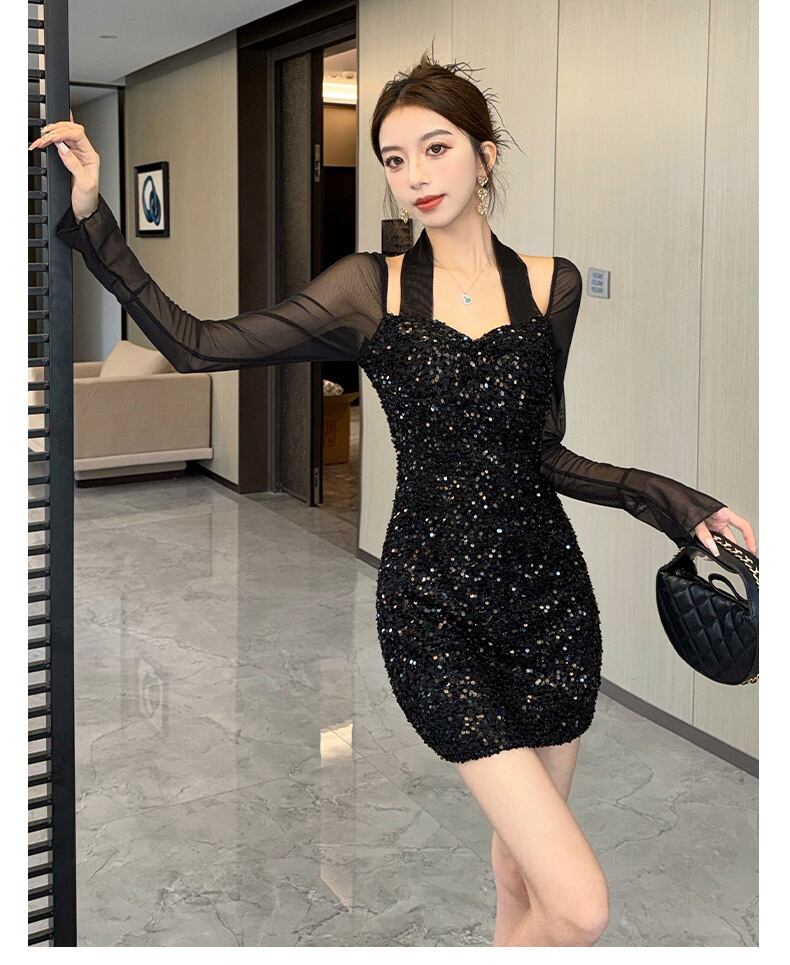 【dress】スパンコールチュールコンビワンピース　M28438