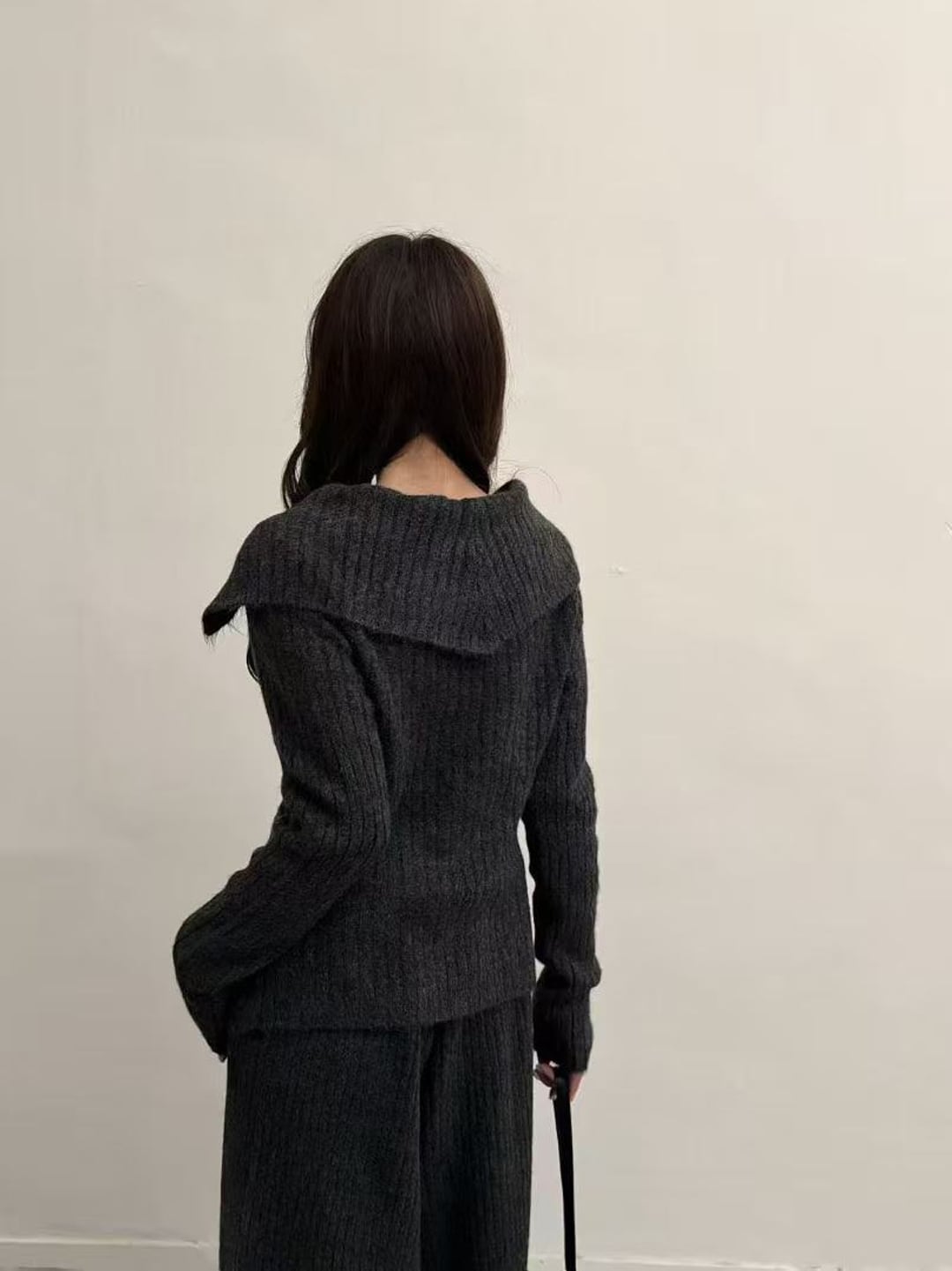 【set】折り襟ニットトップス×ワイドパンツセット Q7784