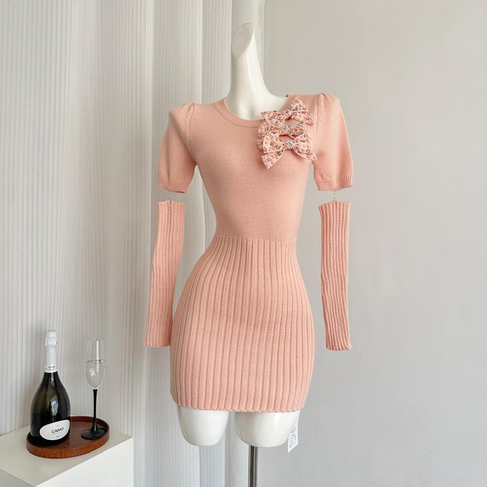 【dress】パールリボン付きニットワンピースアームカバー付き　M27726