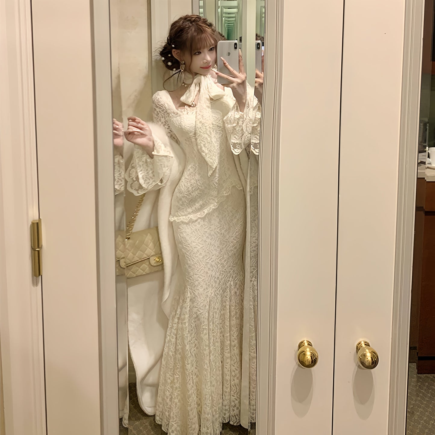 【dress】ベルスリーブマーメイドレースワンピース　N3499
