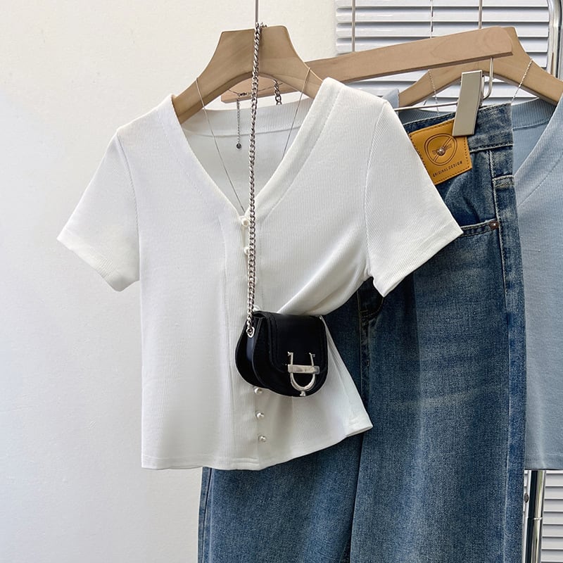 【tops】パールボタンVネックTシャツG21041