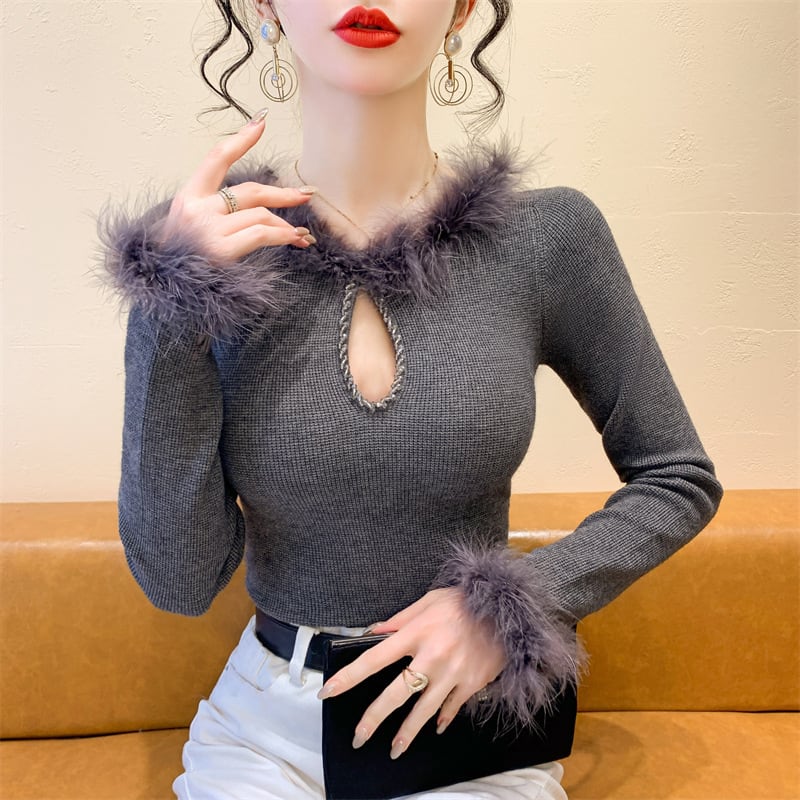 【tops】フェイクファーニットトップス　N2918