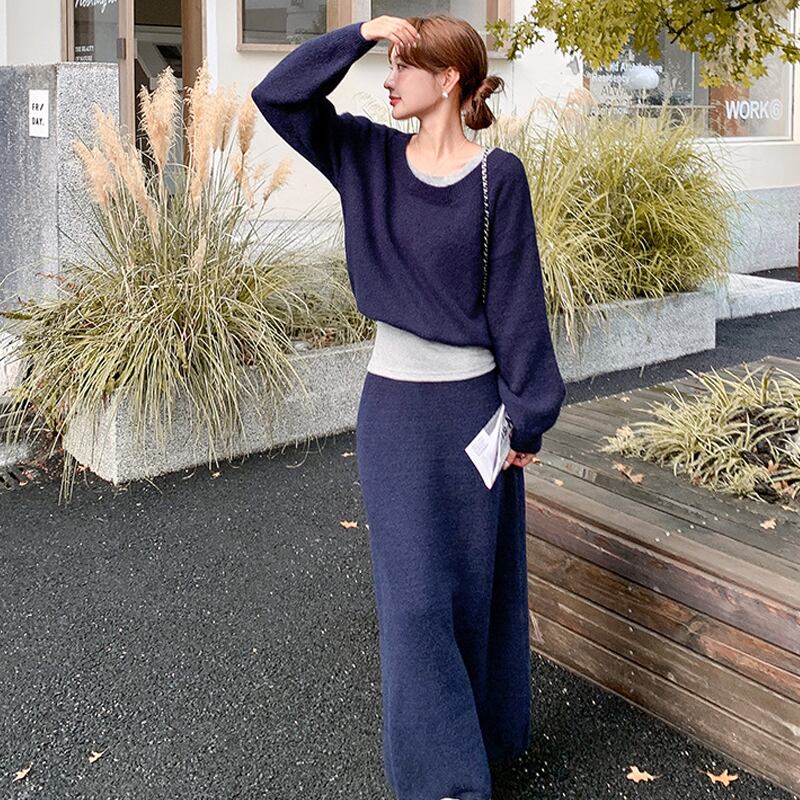 【set】キャミ×ニットトップス×ロングスカート3点セット Q6974