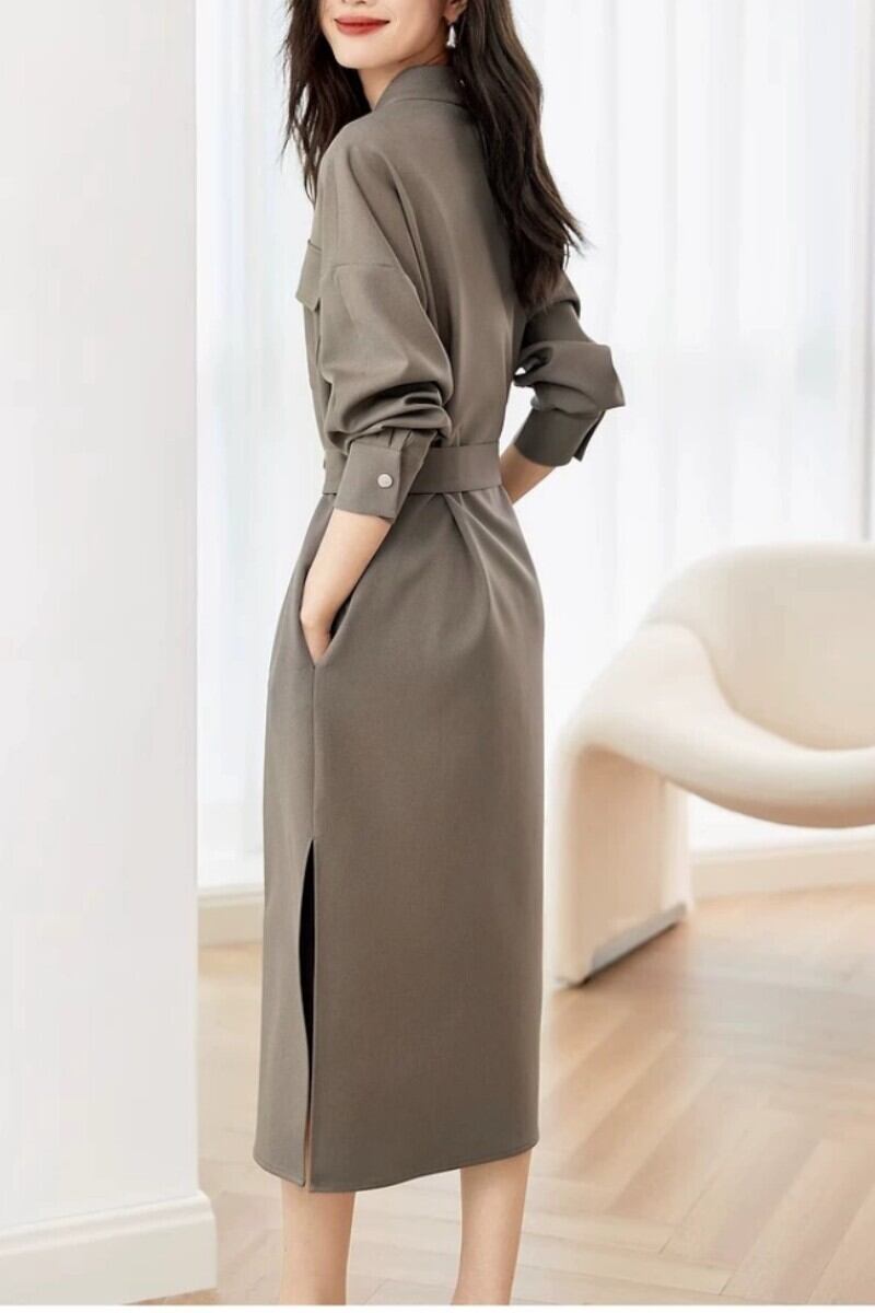 【dress】Vネックシャツワンピースベルト付き　M17872