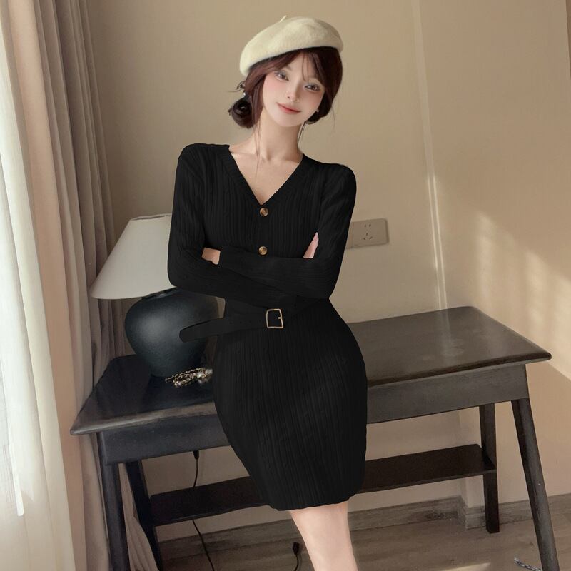 【dress】Vネックニットワンピース　M28378