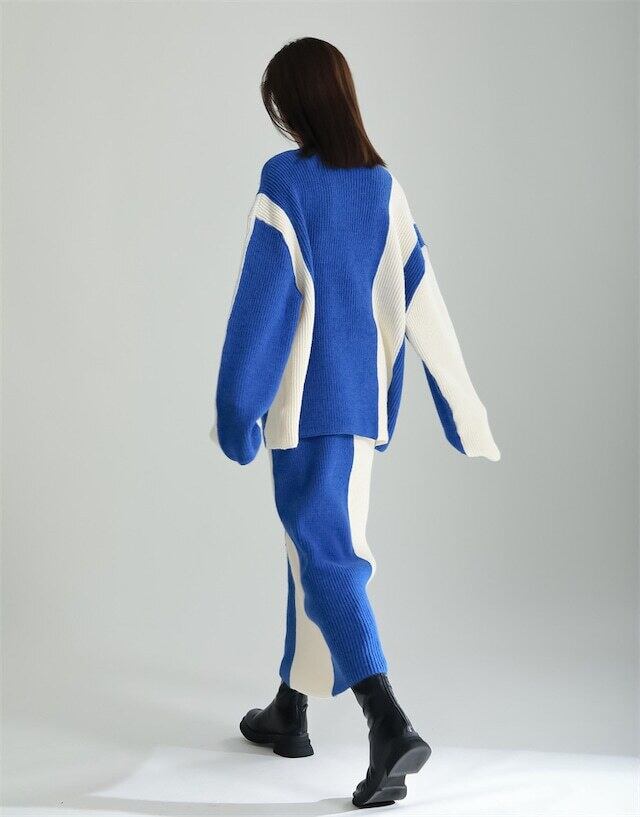 【set】ハイネックセーター+スカート配色２点セット F6295