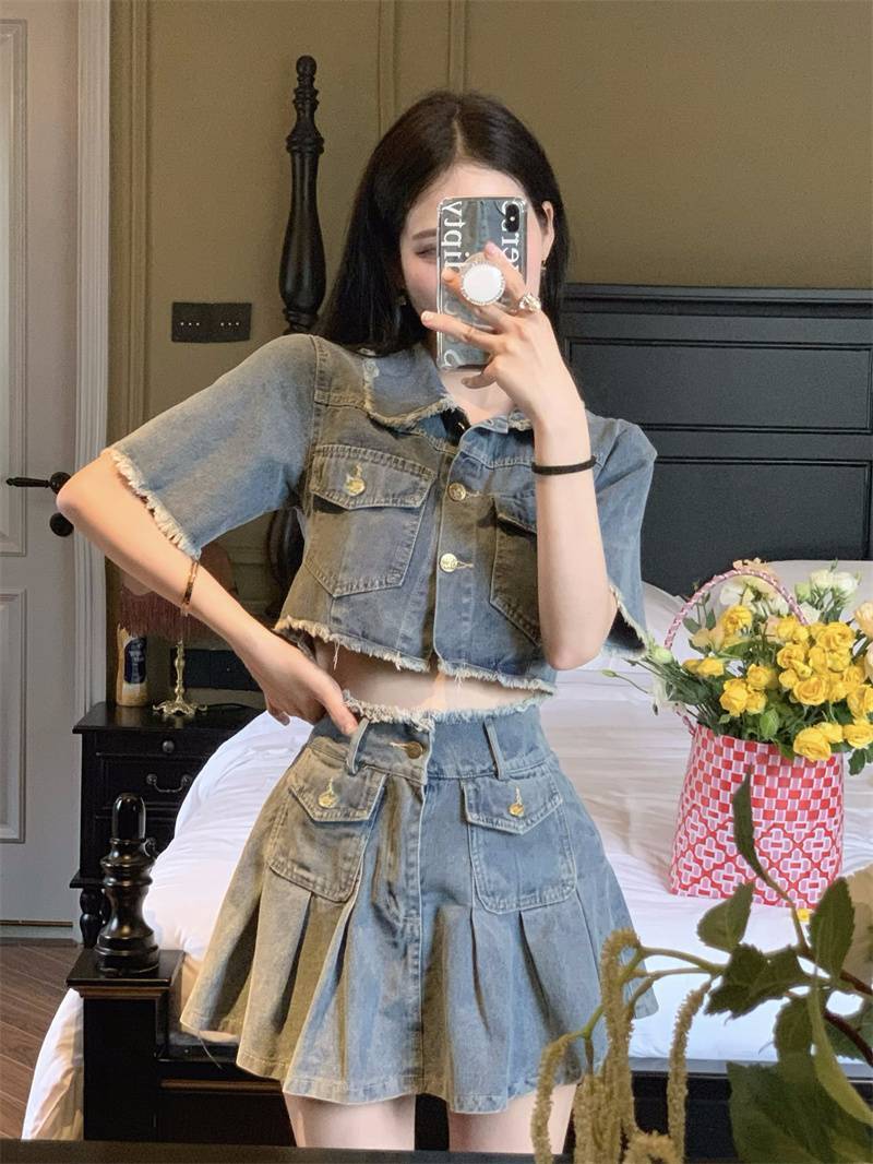 【set】半袖ジャケット+スカートデニム2点セットF7529