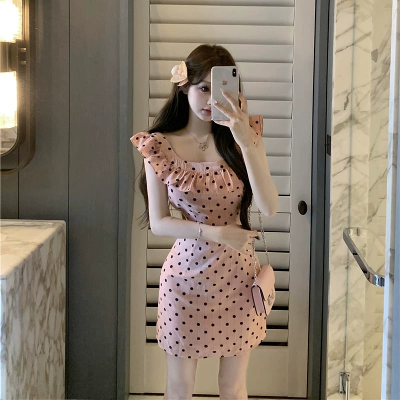 【dress】ギャザーフリルドット柄ミニワンピース Q8510