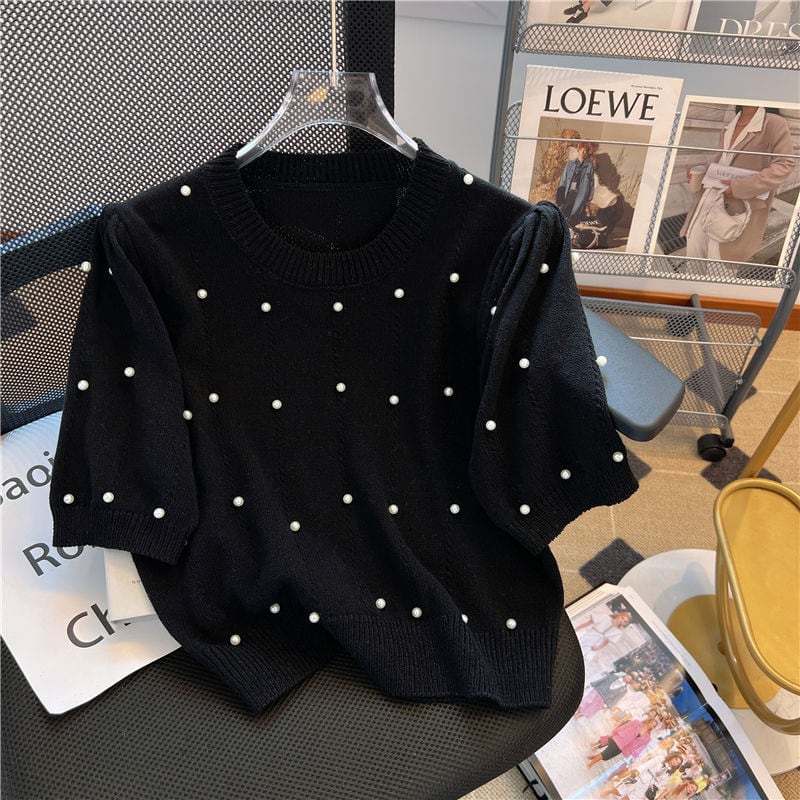 【tops】4色ラウンドネックニットＴシャツF7307