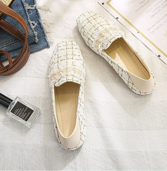 【shoes】今季大好評秋新作2色履きやすい美脚魅せチェック柄ビーズ飾りフラットシューズF0978