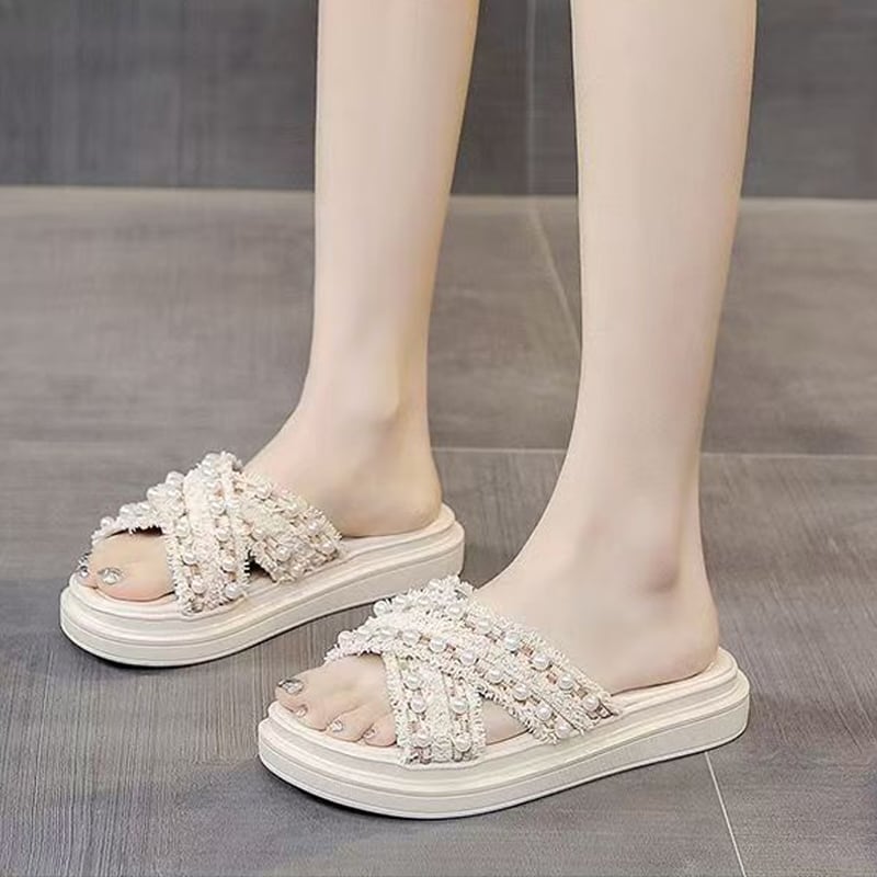 【Shoes】パール付きサンダル Q8427